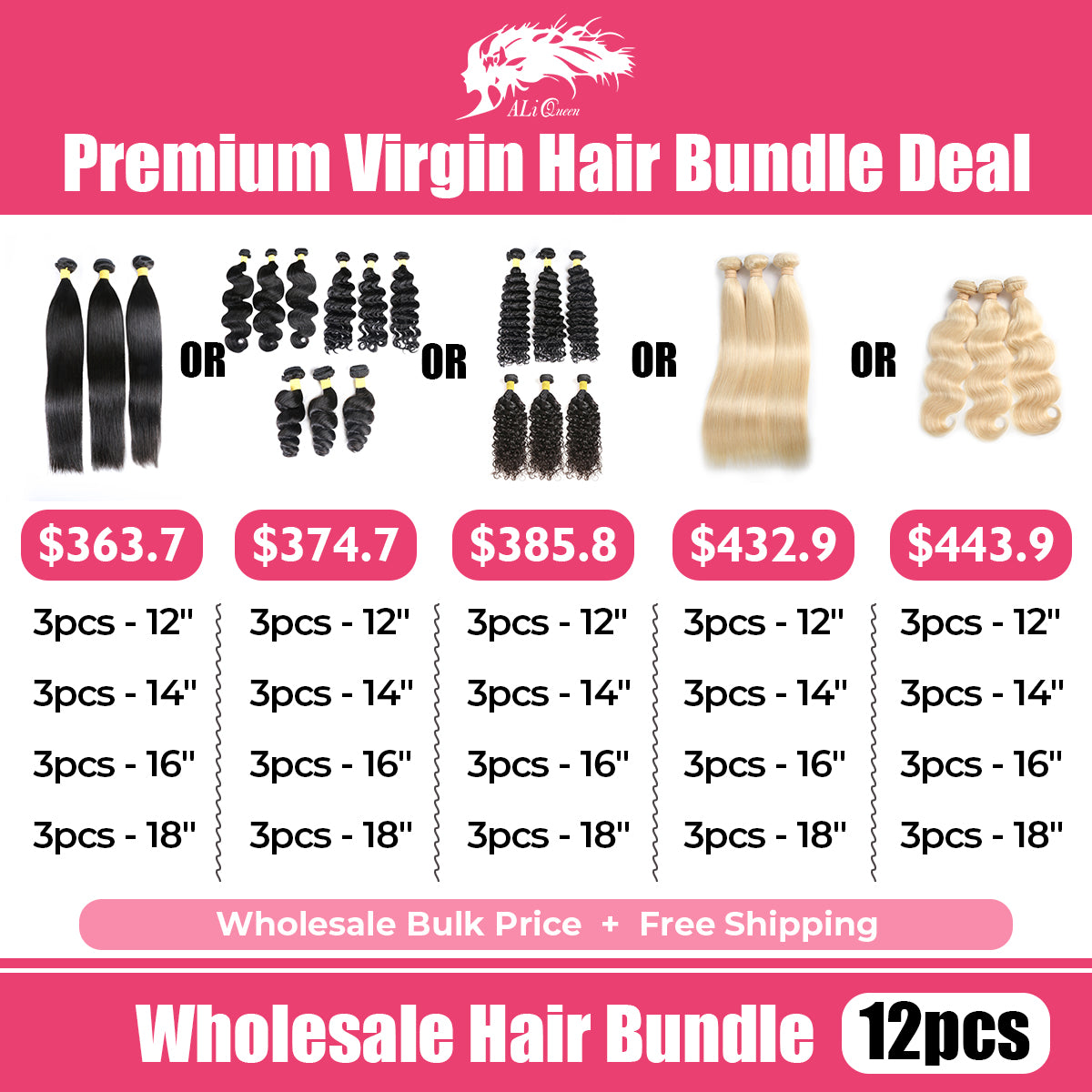 AliQueen Premium Virgin Hair Bundle Package Deal 12 Pcs