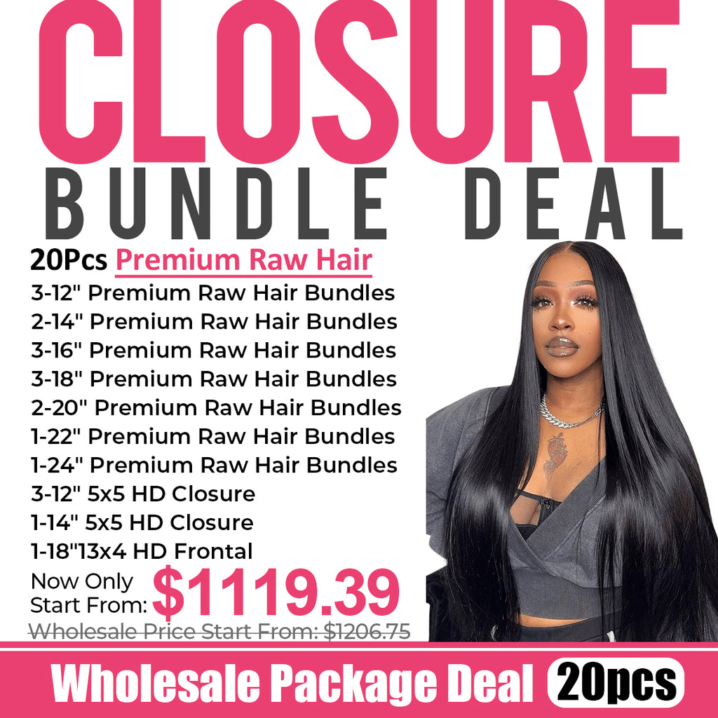 Premium Raw Hair Wholesale Bundle & Closure Package Deal – 20 Pcs Package